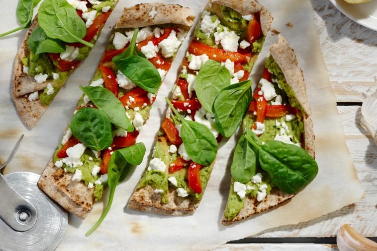 roasted pepper spinach and feta flatbreads