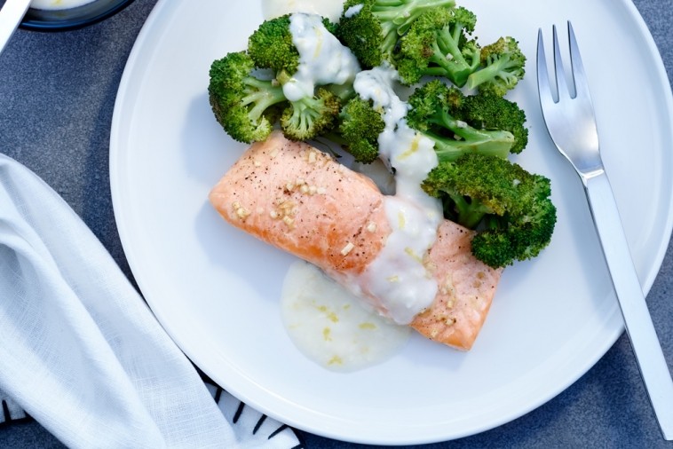 roasted salmon and broccoli with lemon parmesan sauce