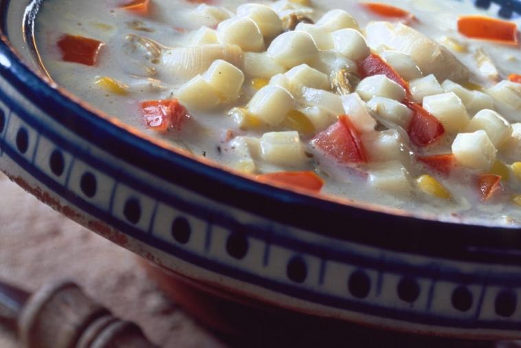 scallop chowder with tomatoes and canadian provolone