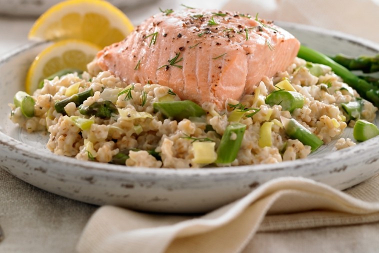 scottish oat leek pilaf with salmon