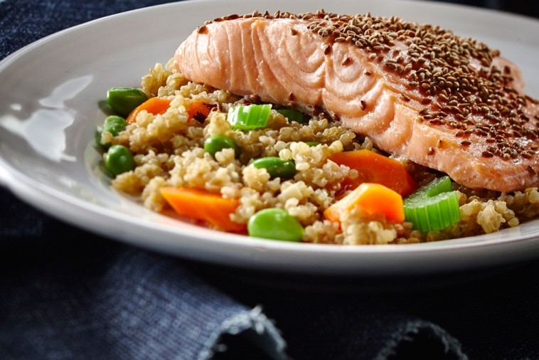 sesame ginger veggie quinoa with salmon