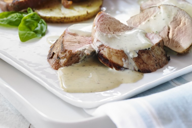 smoked pork tenderloin basil and creamy fontina peppery cheese sauce