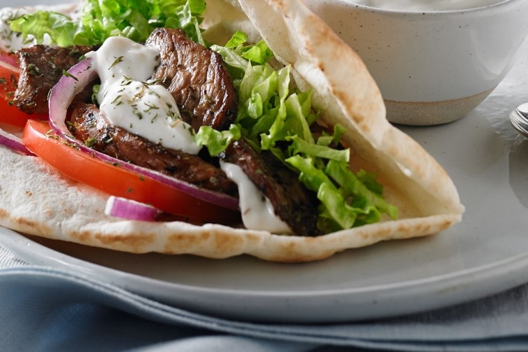 Lamb souvlaki pita with tzatziki sauce