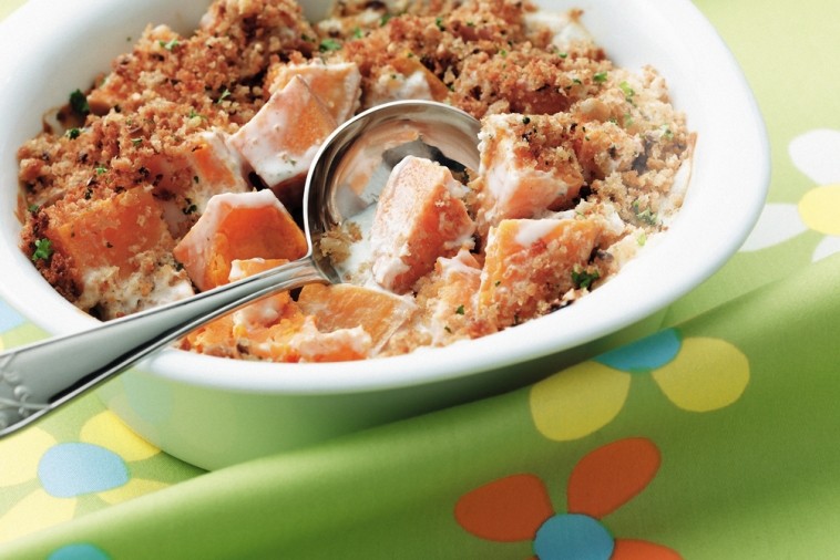 sweet potato bake with crispy garlic topping sweet potato bake with crispy garlic topping
