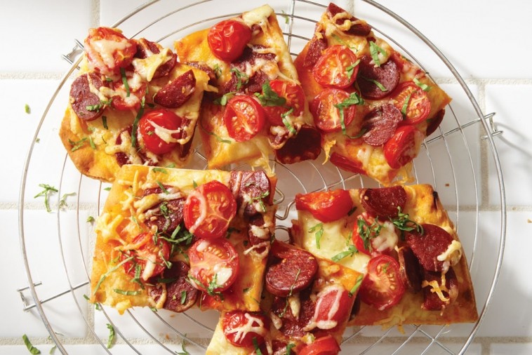 tapas style pizza with chorizo and gouda tapas style pizza with chorizo and gouda