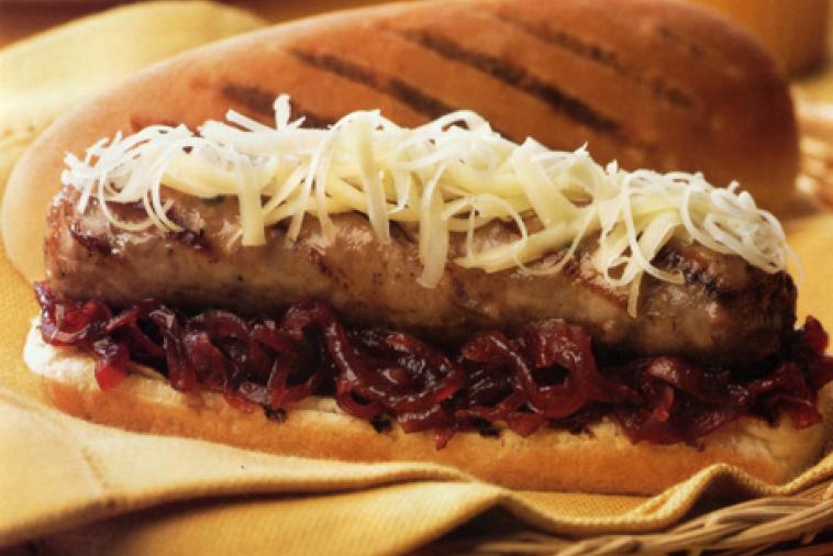 toulouse sausage with onion jam and gouda