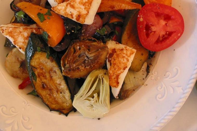 warm salad of grilled vegetables artichokes and le douanier cheese
