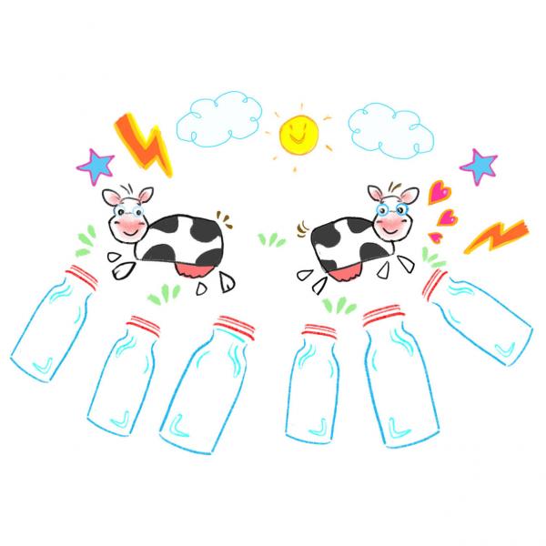 An illustration of two cows grazing in grass above six bottles of milk. A mix of weather symbols appear in the background.