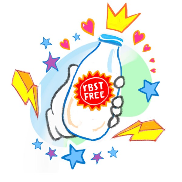 An illustrated bottle of milk with a “rBST FREE” label and wearing a crown. 