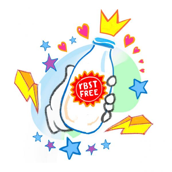 An illustrated bottle of milk with a “rBST FREE” label and wearing a crown. 