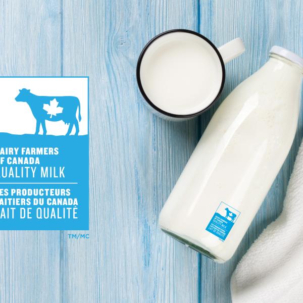 The Dairy Farmers of Canada Blue Cow logo and a bottle of Canadian milk