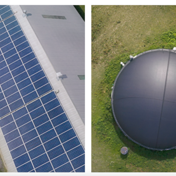 Aerial shot of a solar panel array and a biodigester on a Canadian dairy farm