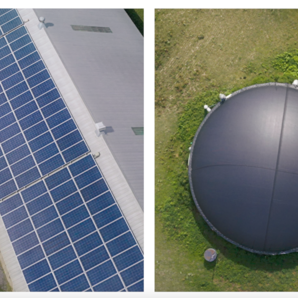 Vue aérienne de panneaux solaires et d'un biodigesteur sur une ferme laitière canadienne